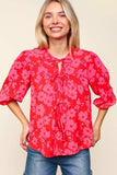 Haptics Full Size Ribbon Bow Floral Balloon Sleeve Blouse - Trendsi - Flyclothing LLC