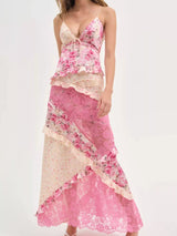 Lace Detail Ruffled Floral V-Neck Maxi Dress - Trendsi - Flyclothing LLC