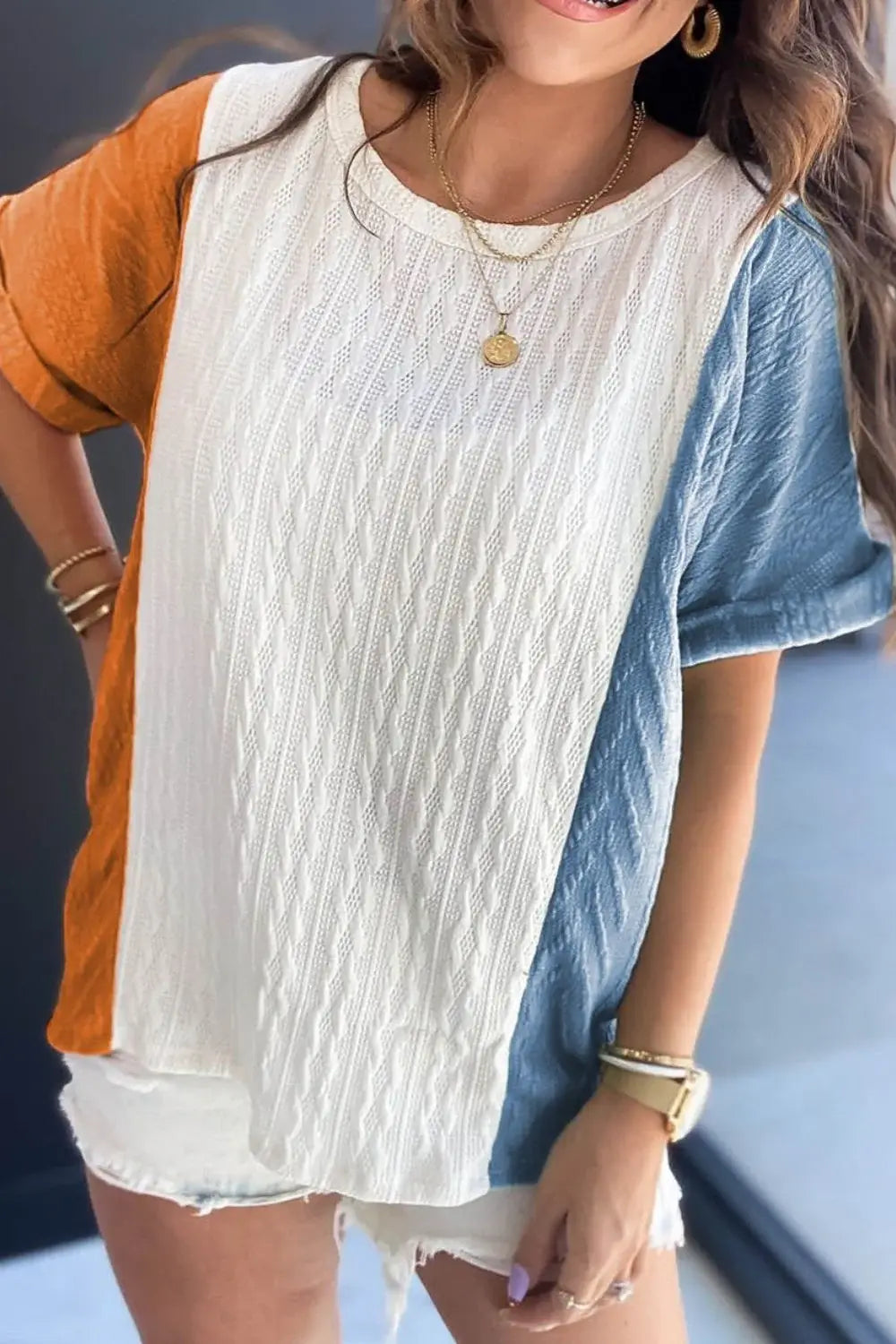 Textured Color Block T Shirt - Trendsi - Flyclothing LLC