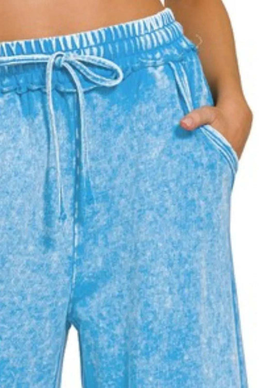 Zenana Washed French Terry Palazzo With Pockets - Trendsi - Flyclothing LLC