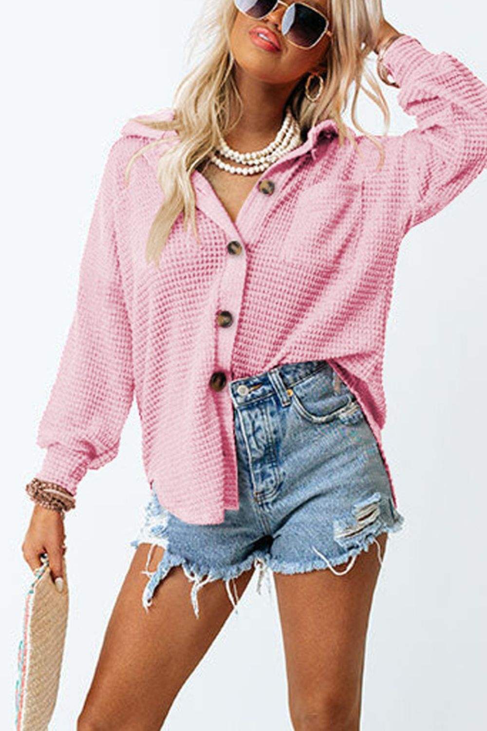 Waffle-Knit Collared Neck Long Sleeve Shirt - Trendsi - Flyclothing LLC