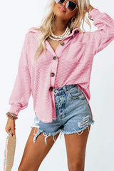 Waffle-Knit Collared Neck Long Sleeve Shirt - Trendsi - Flyclothing LLC