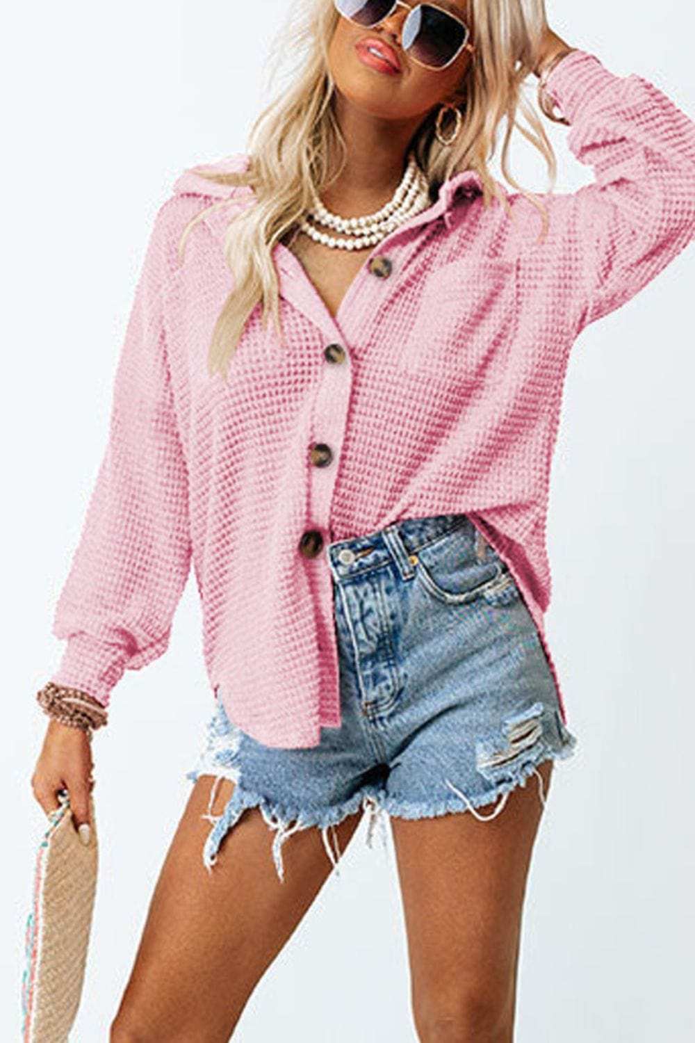 Waffle-Knit Collared Neck Long Sleeve Shirt - Trendsi - Flyclothing LLC