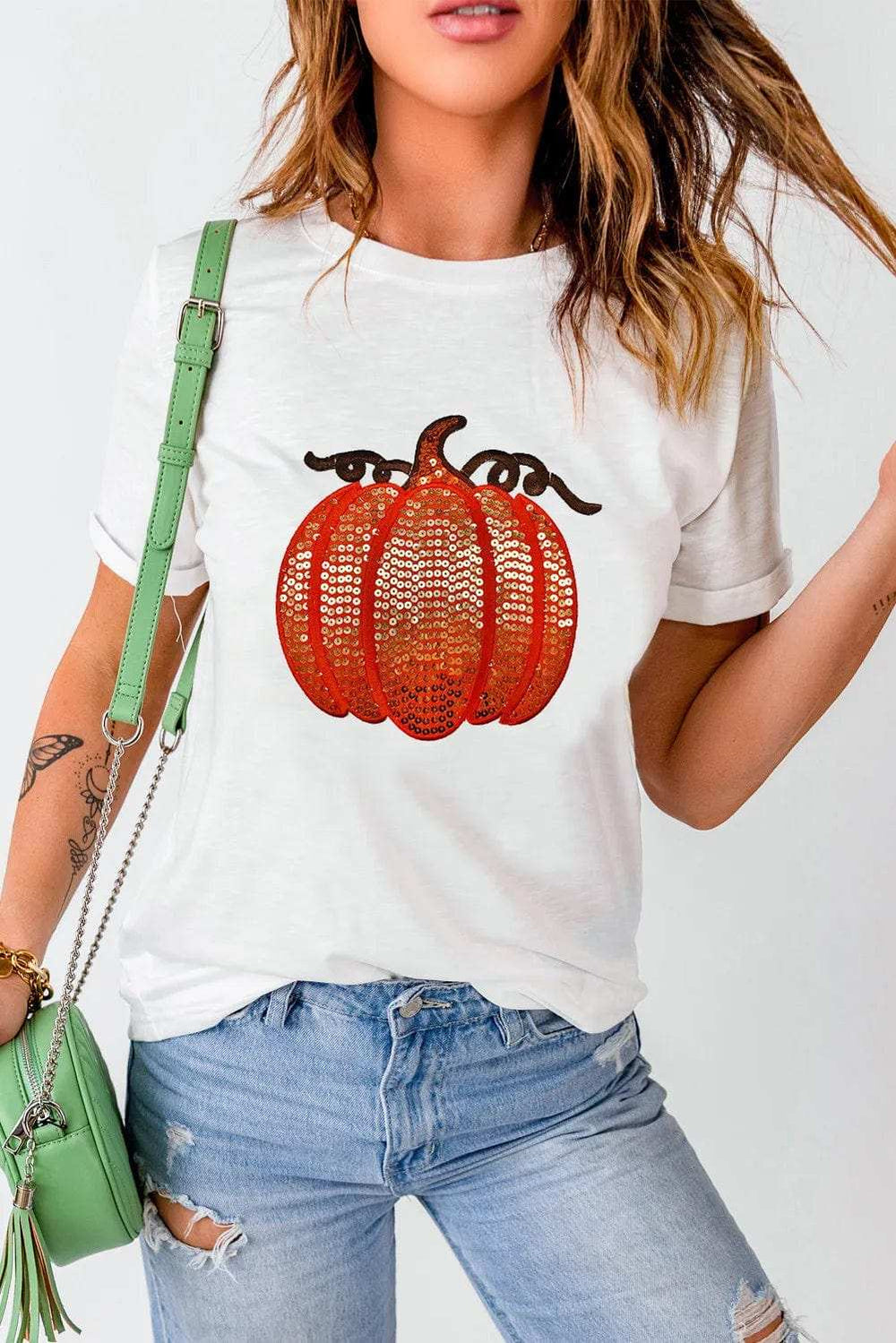 Full Size Sequin Pumpkin Round Neck Short Sleeve T-Shirt - Trendsi - Flyclothing LLC