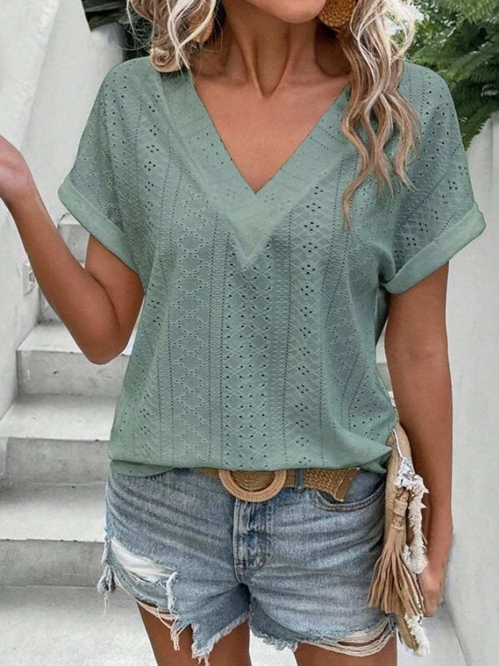 Eyelet V-Neck Short Sleeve Blouse - Trendsi - Flyclothing LLC