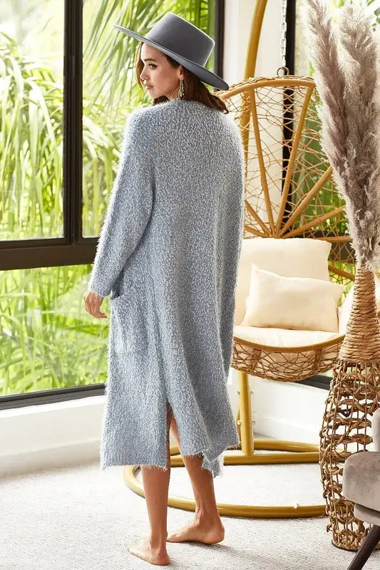 BiBi Slit Open Front Longline Cardigan with Pockets - Trendsi - Flyclothing LLC