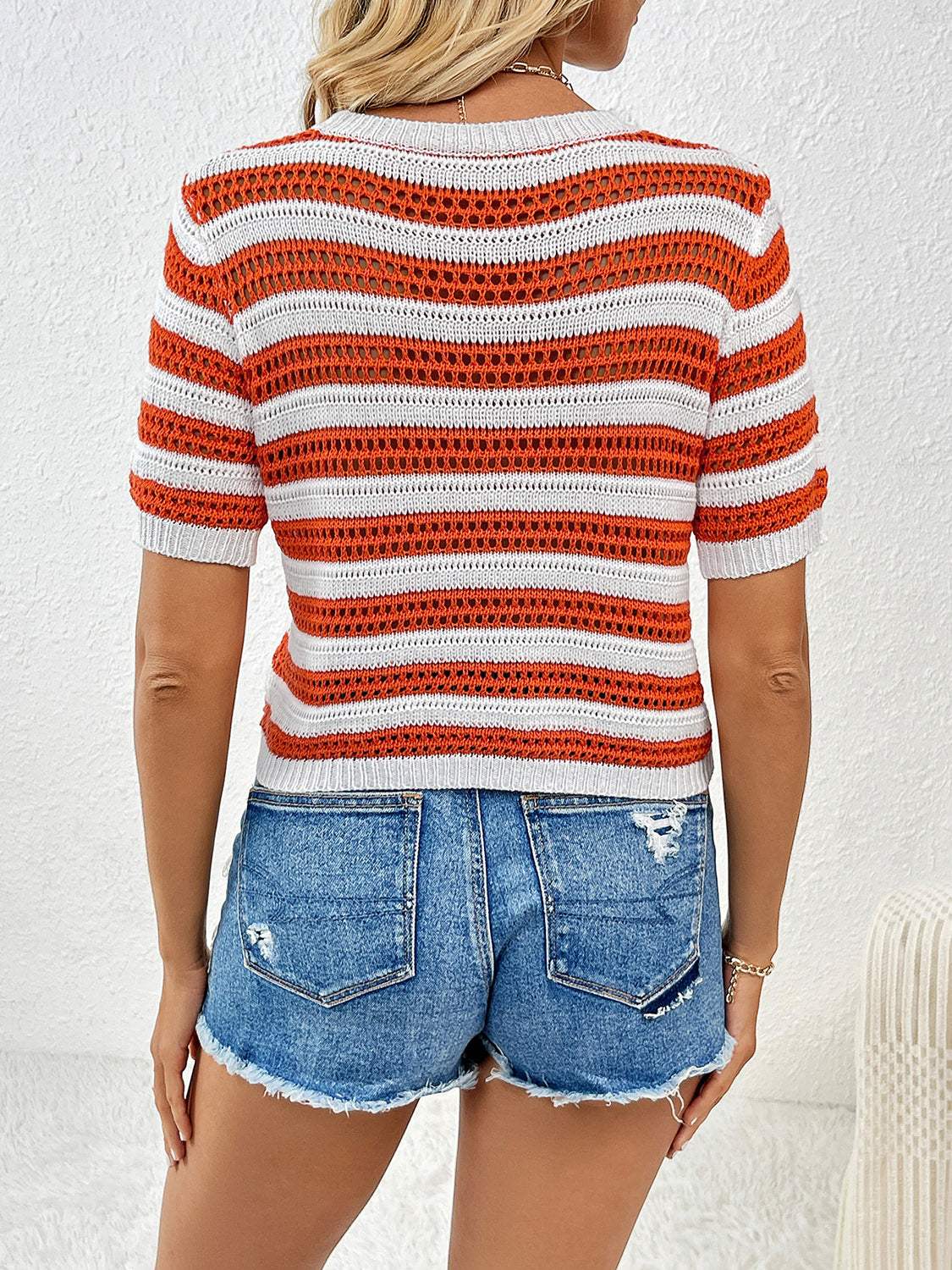 Openwork Striped Round Neck Short Sleeve Knit Top - Trendsi - Flyclothing LLC