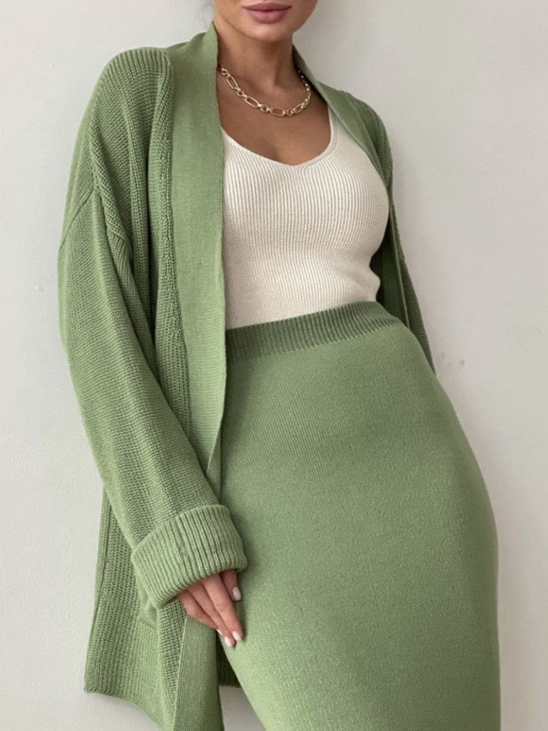 Pocketed Long Sleeve Cardigan and Skirt Sweater Set - Trendsi