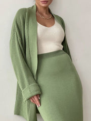 Pocketed Long Sleeve Cardigan and Skirt Sweater Set - Trendsi