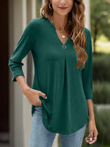Notched Three-Quarter Sleeve T-Shirt - Trendsi - Flyclothing LLC