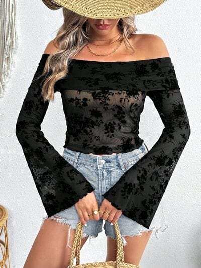 Off-Shoulder Flare Sleeve Lace Top - Trendsi - Flyclothing LLC