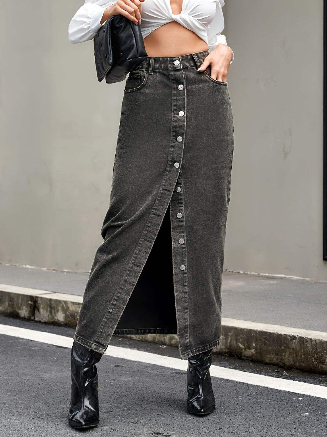Button Up High Rise Denim Skirt - Trendsi - Flyclothing LLC
