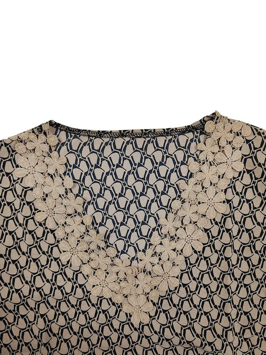 Lace Detail Printed V-Neck Flounce Sleeve Blouse - Trendsi - Flyclothing LLC