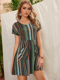 Pocketed Striped Short Sleeve Dress - Trendsi