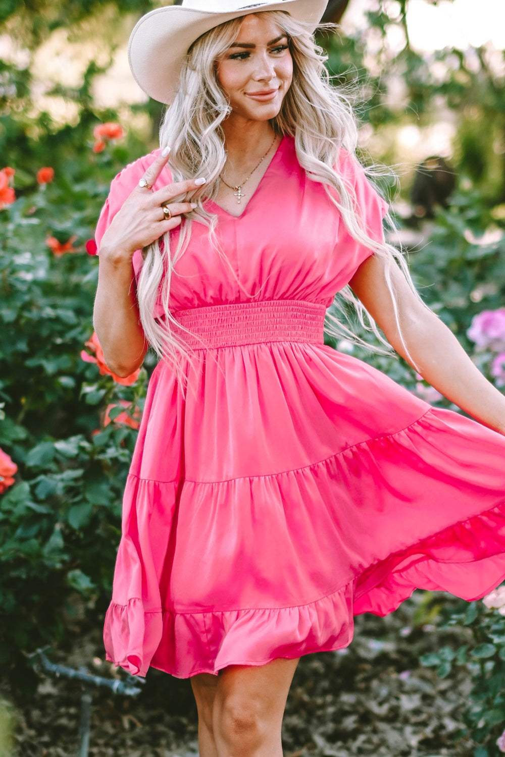 Smocked V-Neck Cap Sleeve Dress - Trendsi - Flyclothing LLC