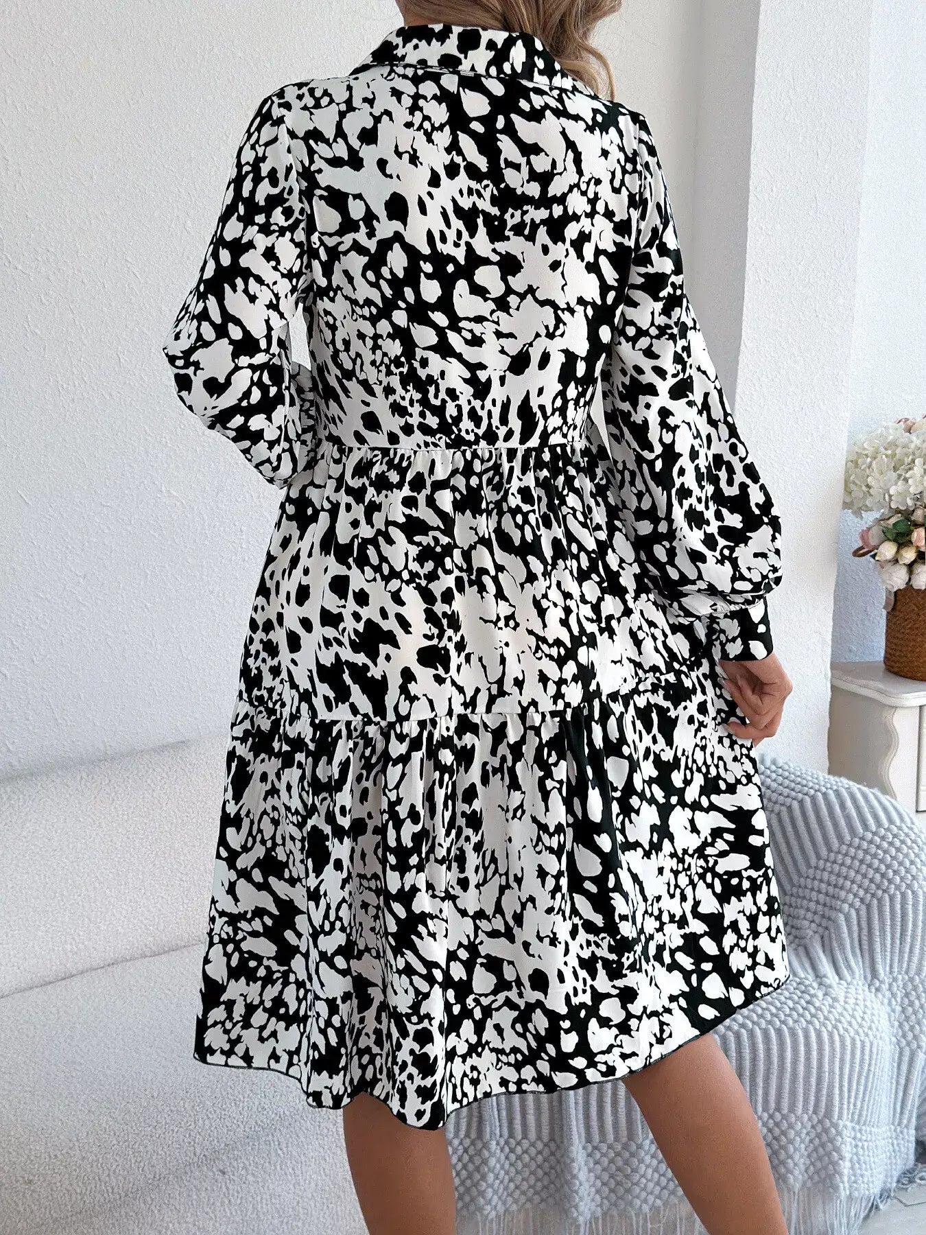 Printed Collared Neck Long Sleeve Dress - Trendsi - Flyclothing LLC