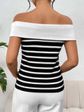 Decorative Button Striped Off-Shoulder Knit Top - Trendsi - Flyclothing LLC