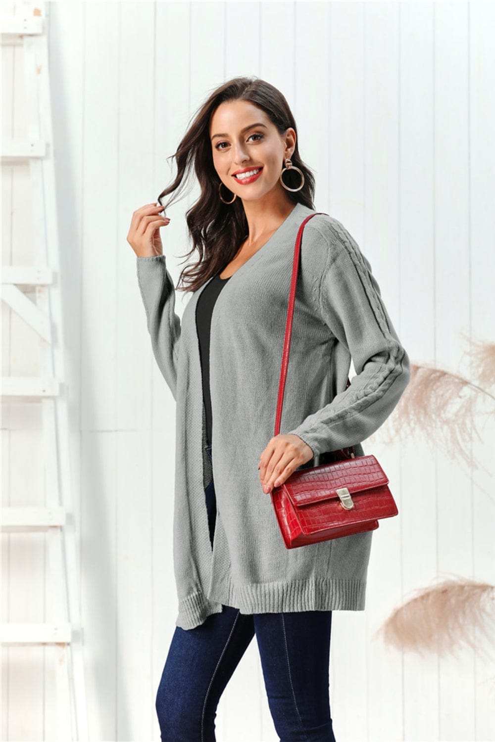 Cable-Knit Open Front Long Sleeve Cardigan - Trendsi - Flyclothing LLC