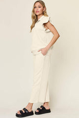 Double Take Texture Ruffle Short Sleeve Top and Drawstring Wide Leg Pants Set - Trendsi - Flyclothing LLC