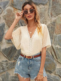 Lace Detail V-Neck Siwss Dot Blouse - Trendsi