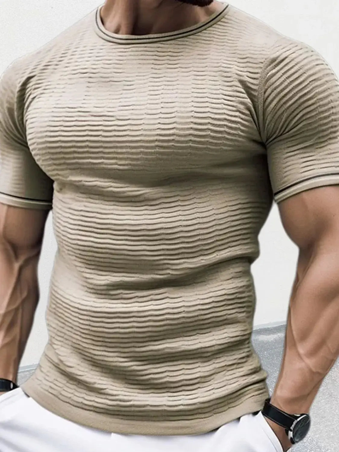 Men's Plus Size Texture Round Neck Contrast Trim T-Shirt - Trendsi - Flyclothing LLC