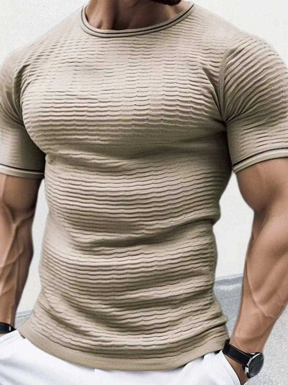 Men's Plus Size Texture Round Neck Contrast Trim T-Shirt - Trendsi - Flyclothing LLC