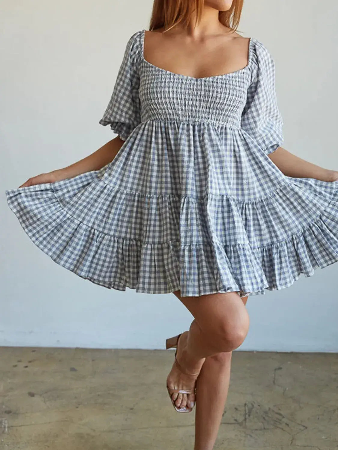Ruffled Hem Plaid Half Sleeve Mini Dress - Trendsi - Flyclothing LLC