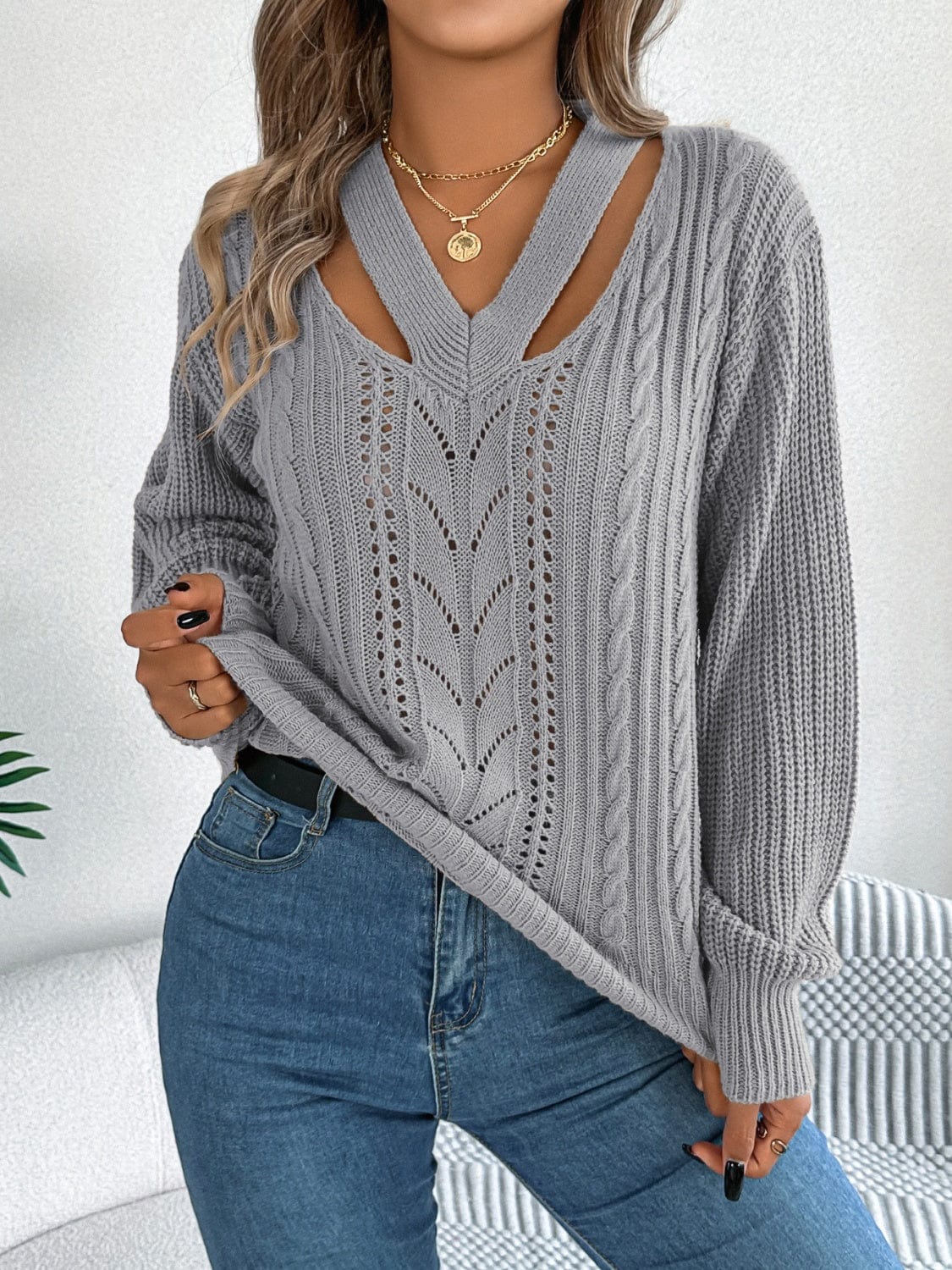 Cutout V-Neck Long Sleeve Sweater - Trendsi