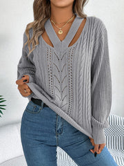 Cutout V-Neck Long Sleeve Sweater - Trendsi
