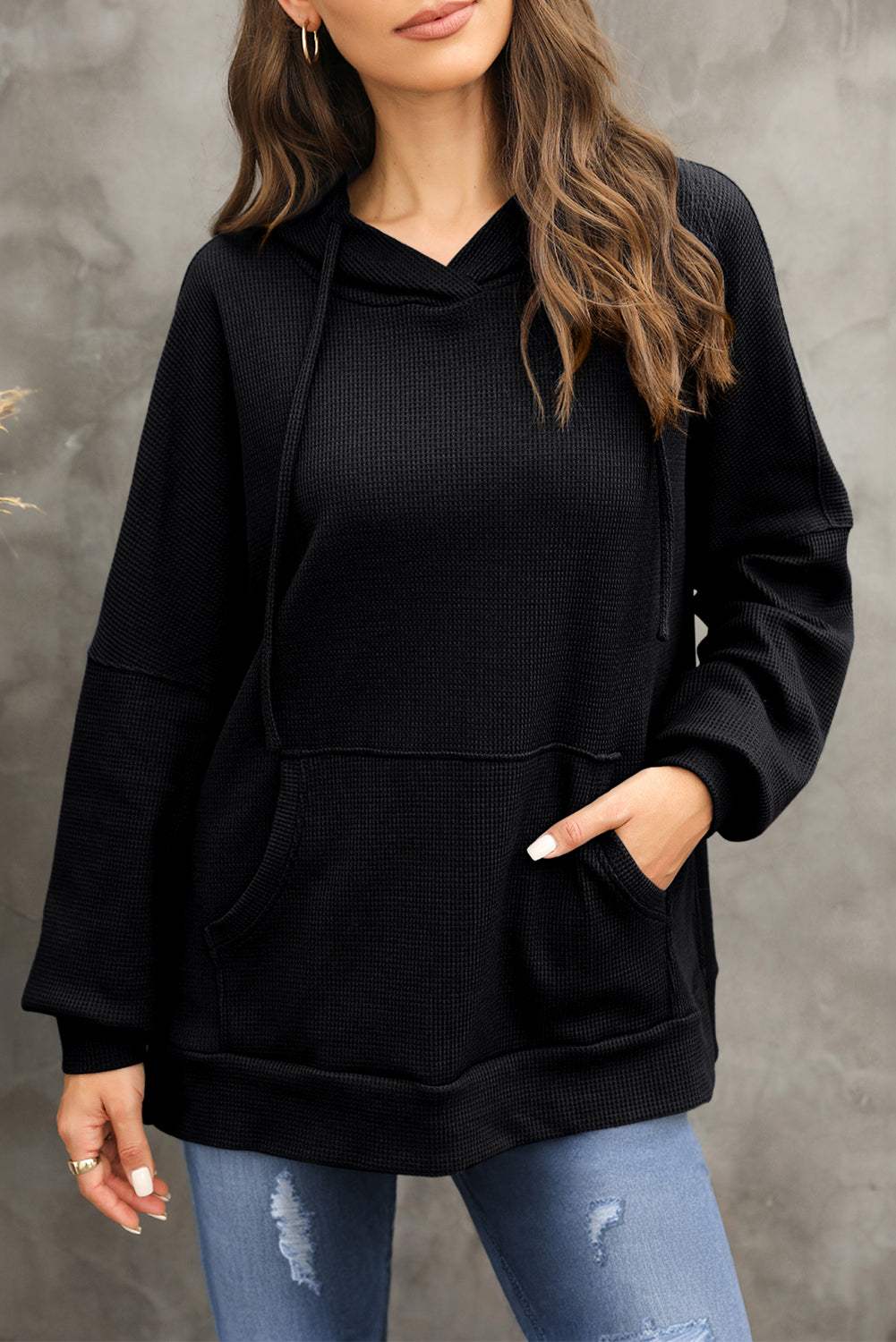 Waffle-Knit Long Sleeve Hoodie - Trendsi - Flyclothing LLC