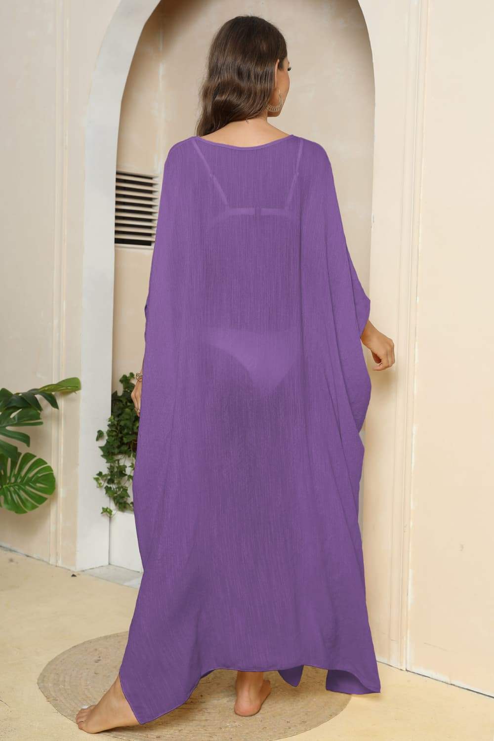 V-Neck Three-Quarter Sleeve Cover-Up - Trendsi - Flyclothing LLC