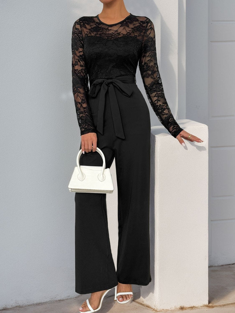 Perfee Lace Round Neck Long Sleeve Jumpsuit - Trendsi
