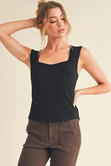 Aemi + Co Exposed Seam Ribbed Wide Strap Tank - Trendsi - Flyclothing LLC