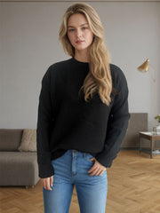 Round Neck Drop Shoulder Long Sleeve Sweater - Trendsi