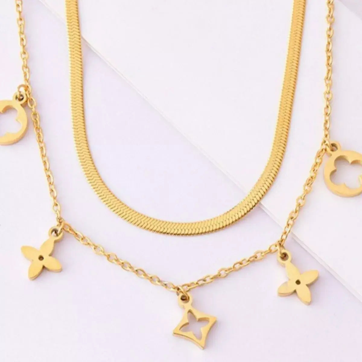 18K Gold-Plated Double Layered Charm Necklace - Trendsi - Flyclothing LLC