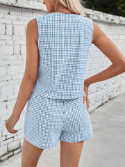 Lovelet Tied Plaid V-Neck Vest and Shorts Set - Trendsi