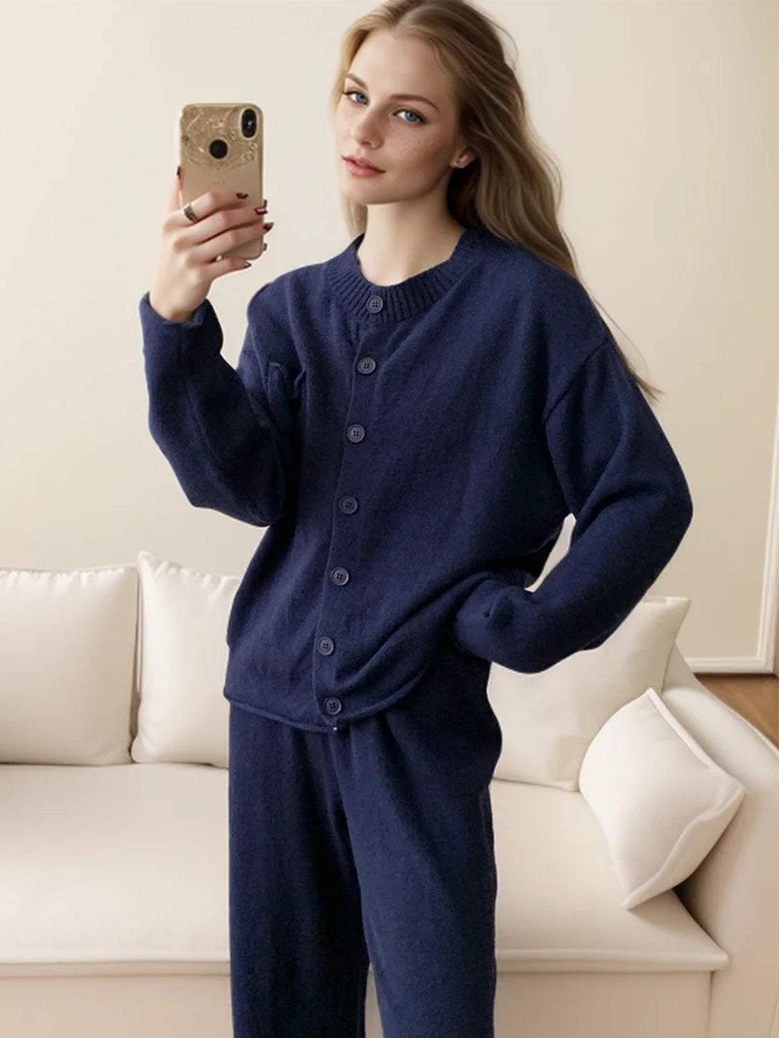 Pocketed Round Neck Button Up Cardigan and Pants Sweater Set - Trendsi - Flyclothing LLC