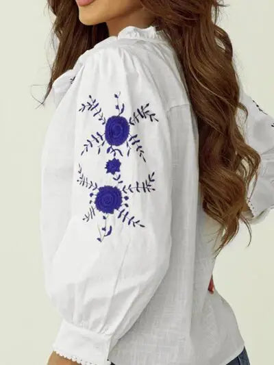 Frill Floral Embroidered Sleeve Shirt - Trendsi - Flyclothing LLC