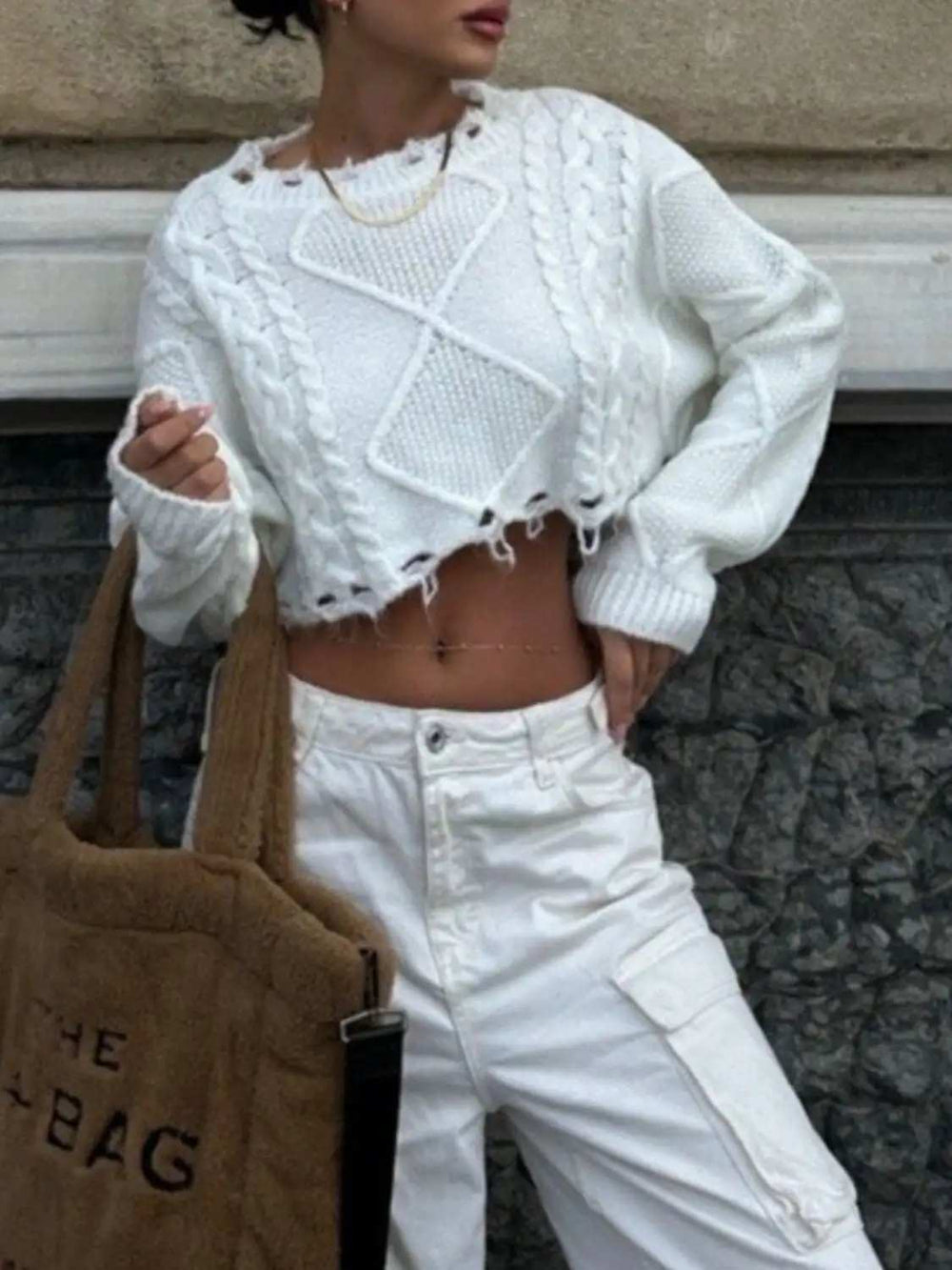 Cable-Knit Round Neck Long Sleeve Cropped Sweater - Trendsi - Flyclothing LLC
