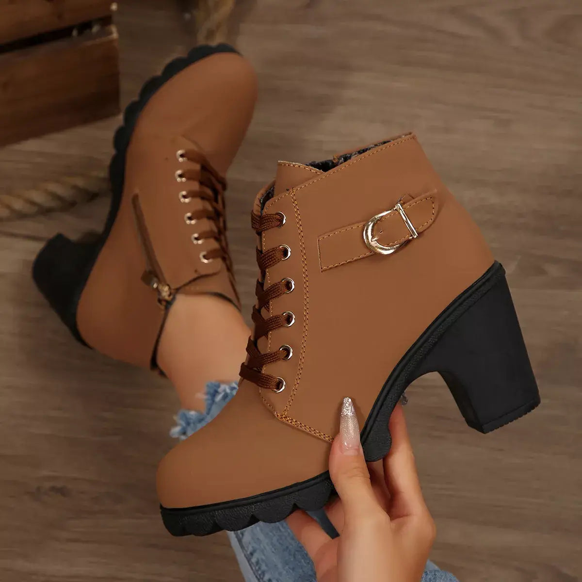 Lace Up Block Heels Boots - Trendsi - Flyclothing LLC