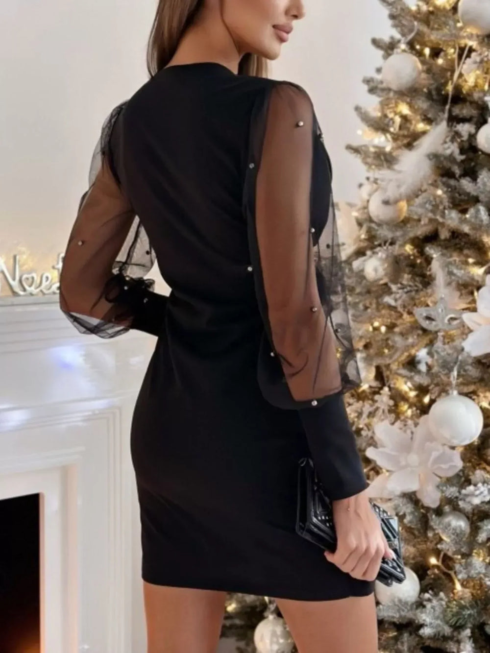 Floral Applique Mesh Sleeve Bodycon Dress - Trendsi - Flyclothing LLC