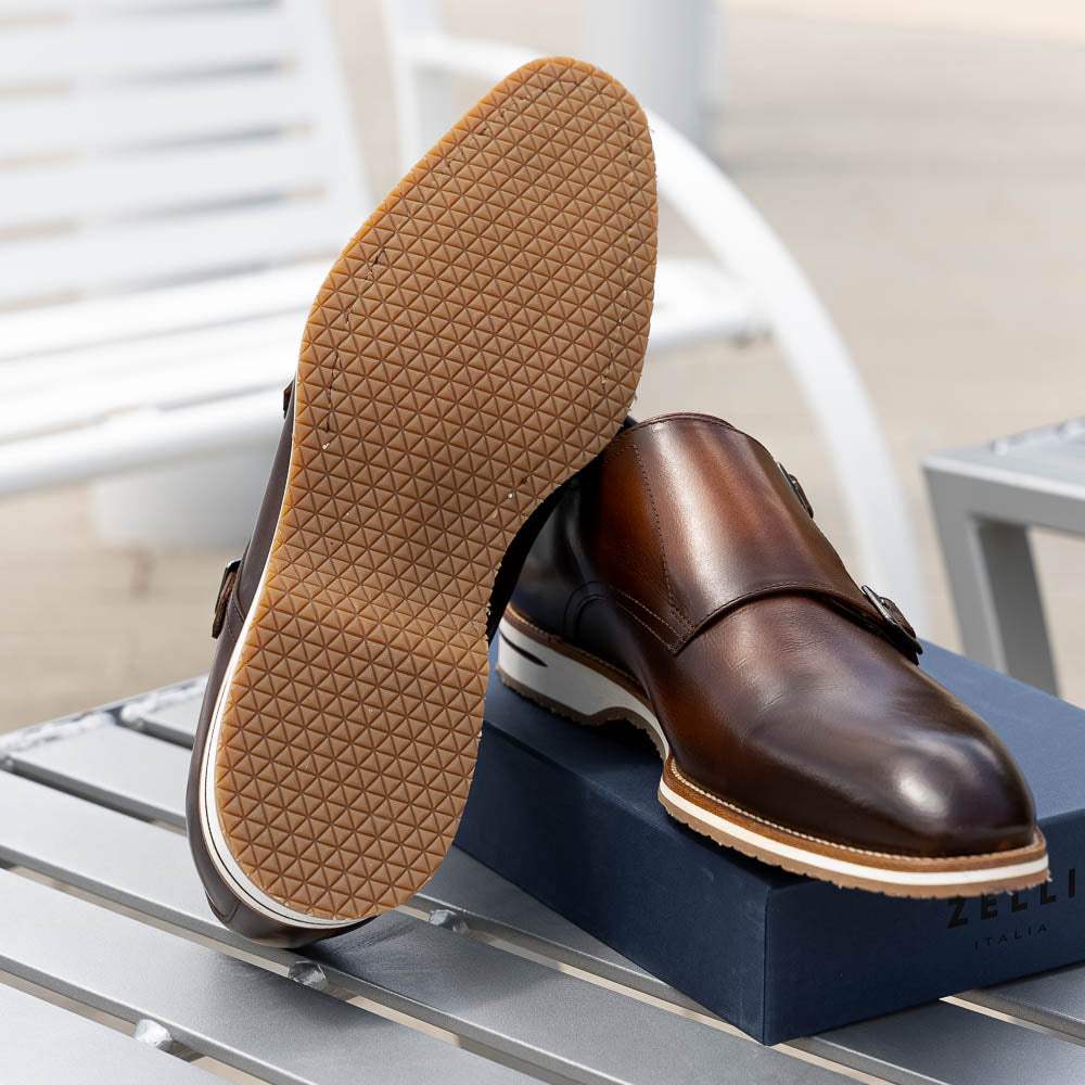 55-103-BRN LEGERRA Hand Burnished Italian Calfskin Monkstrap, Brown - Zelli Italia - Flyclothing LLC