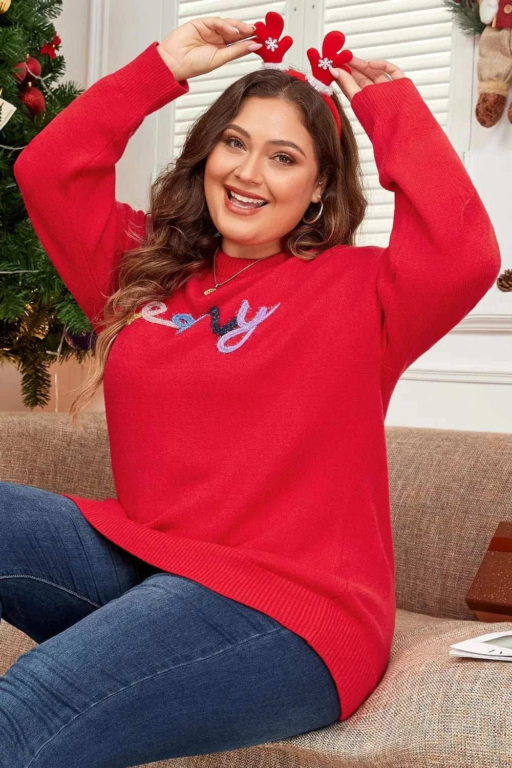 Plus Size MERRY Round Neck Long Sleeve Sweater - Trendsi - Flyclothing LLC