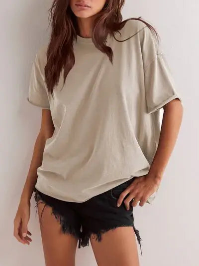 Lovelet Exposed Seam Round Neck Half Sleeve T-Shirt - Trendsi - Flyclothing LLC