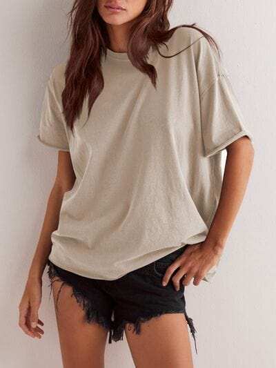 Lovelet Exposed Seam Round Neck Half Sleeve T-Shirt - Trendsi - Flyclothing LLC