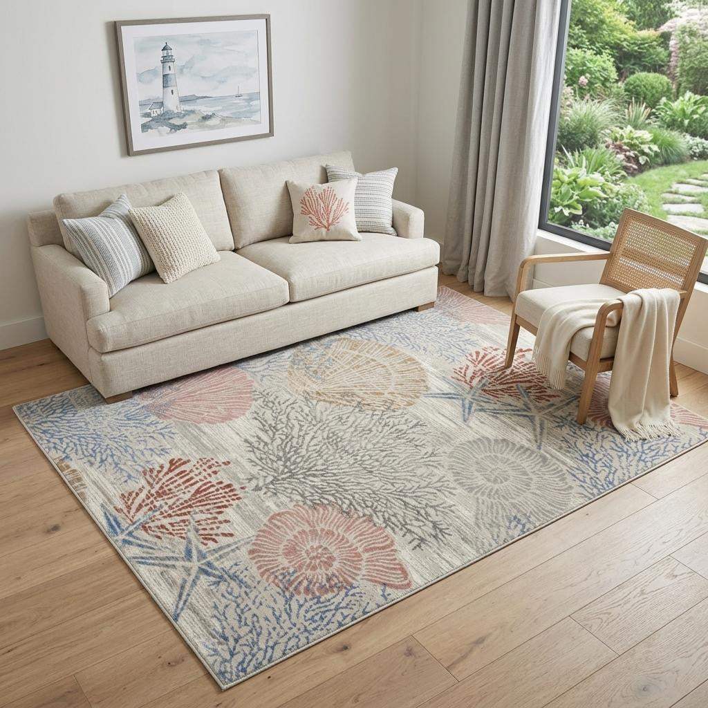5' X 7' Blue Blush And Gray Seashell and Coral Area Rug - HomeRoots - Flyclothing LLC