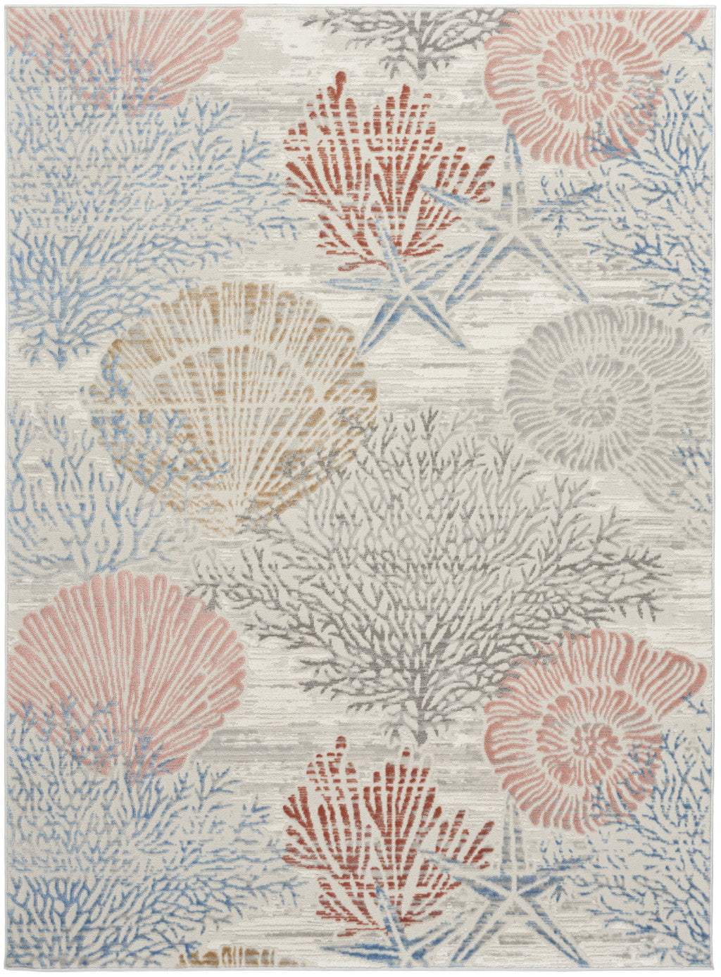 5' X 7' Blue Blush And Gray Seashell and Coral Area Rug - HomeRoots - Flyclothing LLC