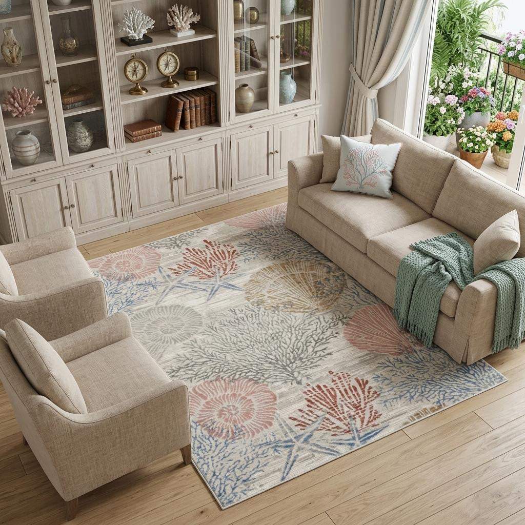 6' X 9' Blue Blush And Gray Seashell and Coral Area Rug - HomeRoots - Flyclothing LLC