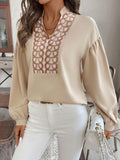 Perfee Printed Notched Long Sleeve Blouse - Trendsi