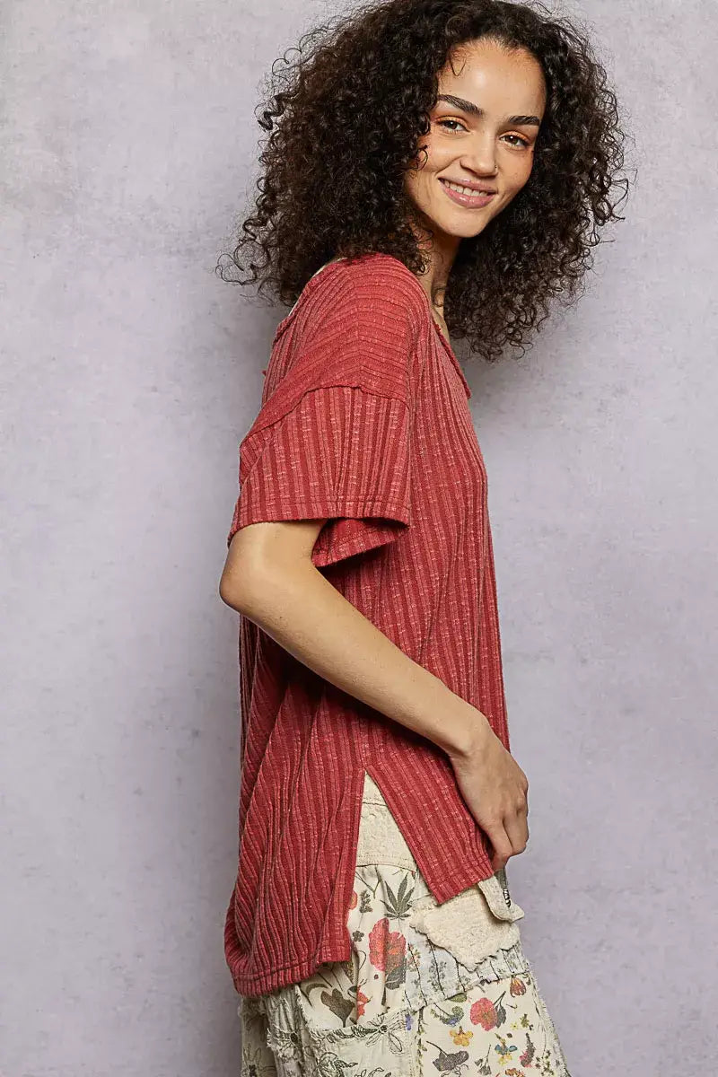 POL Ribbed Knit V-Neck Short Sleeve T-Shirt with Side Slit - Trendsi - Flyclothing LLC